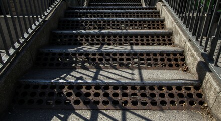 Climbing Metal Stairs with Railing and Shadows Leading to Upper Level