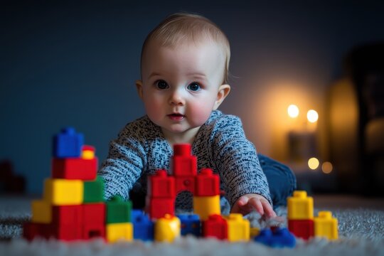 Baby Playing with Colorful Building Blocks in Soft Lighting