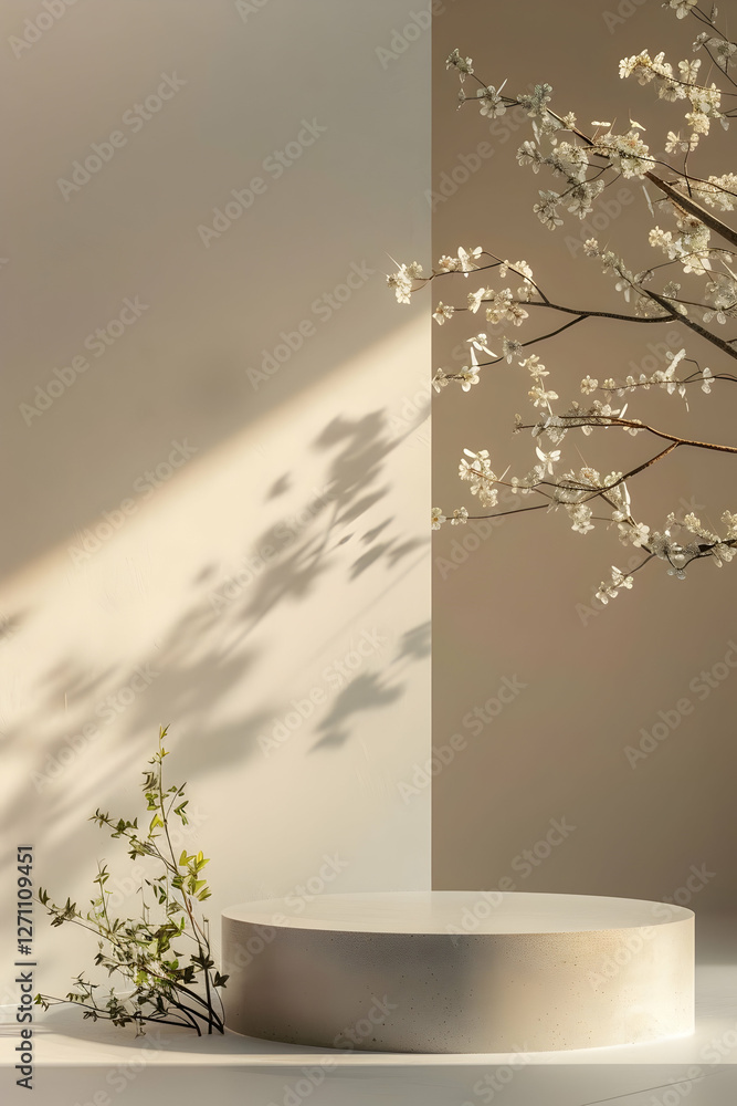 Poster minimalistic display featuring a round pedestal with delicate floral arrangements casting shadows