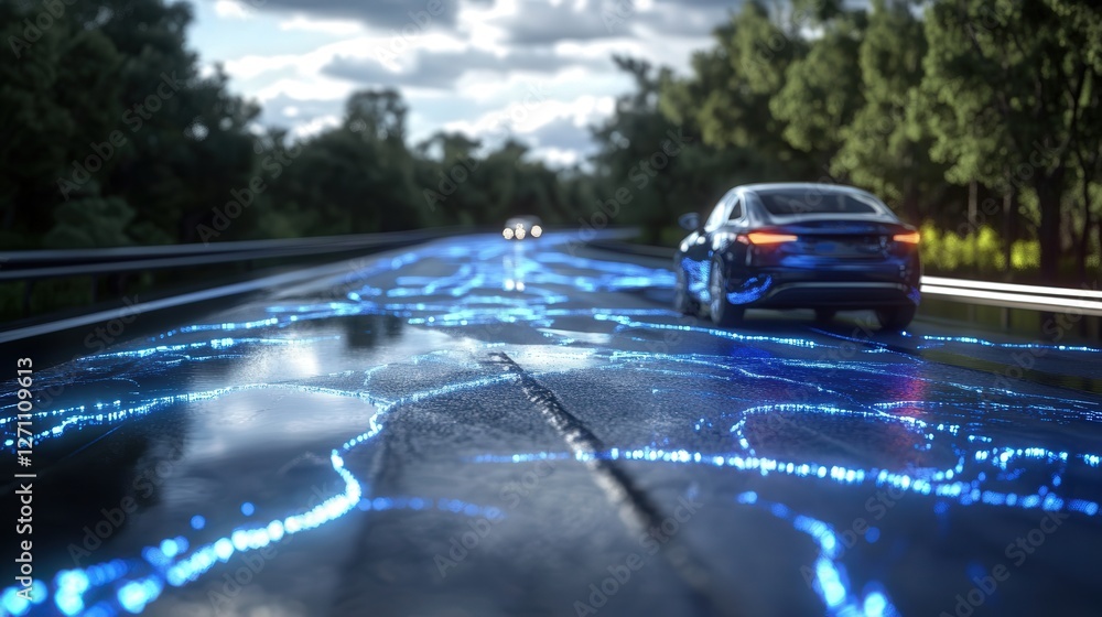 Poster self-healing road that automatically repairs cracks using nanomaterials.