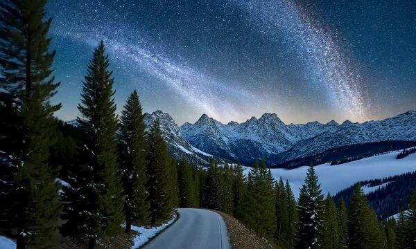 Winter in the mountains video background, cosmic celestial marvel in the night sky sith stars video background, dazzling aurora light video background, generated with ai