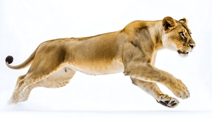 Obraz premium Graceful female lion leaping in motion with elegant pose against isolated white background, majestic African wildlife photography, powerful lioness hunting movement pose