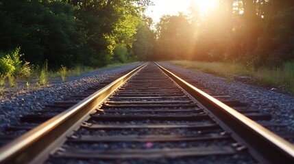 Fototapeta premium Beautiful Sunset Over a Serene Railway Track Surrounded by Lush Green Trees : Generative AI