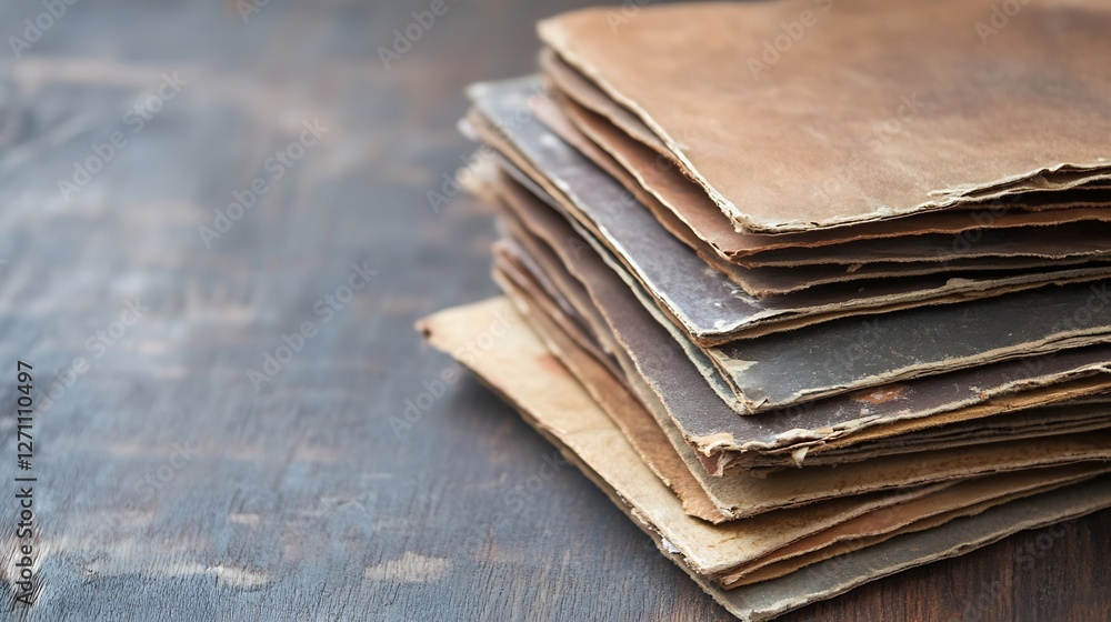 Poster Stack of vintage old papers and documents on a rustic wooden table : Generative AI