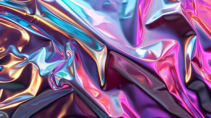 Colorful metallic fabric draping over a surface, reflecting light in vibrant hues and textures