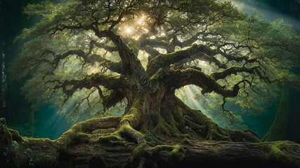 Fototapeta premium An ancient, gnarled tree stands majestically. Its moss-covered roots grip the earth, and sunlight filters through its sprawling branches.
