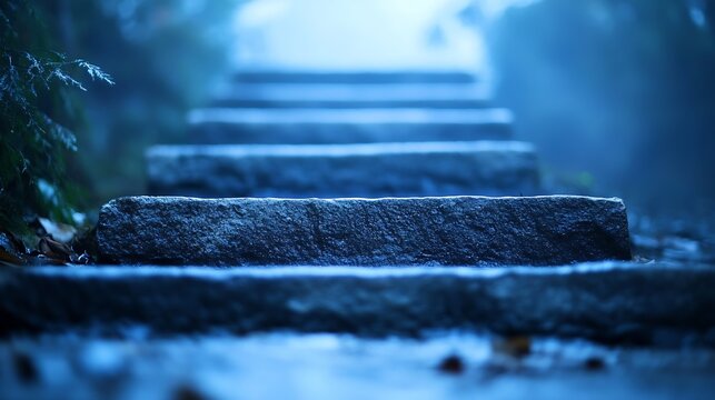 Foggy stone steps leading up a mysterious path in a natural outdoor setting : Generative AI