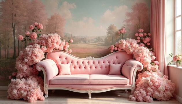 Victorian boudoir with pink sofa adorned with blossoms against dreamy background. Floral pastel colors, soft focus. Romantic, nostalgic, feminine room decor with elegant couch. Spring, summer bloom,