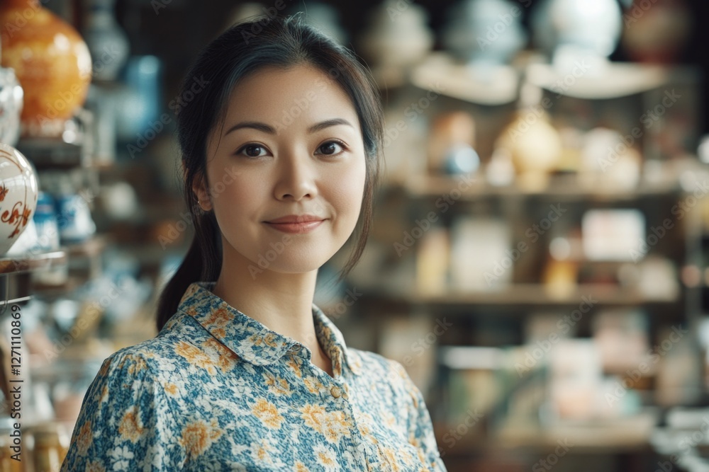 Aufkleber a woman stands in front of a shelf filled with colorful vases, ready to choose one