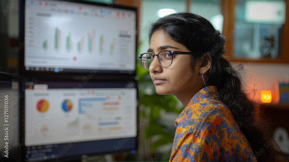 Poster A focused woman with glasses examines visual data on multiple computer screens in a contemporary office setting, highlighting her analytical skills and professionalism.