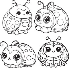 "Whimsical Ladybug Illustrations - Black and White Cartoon-Style Ladybugs"