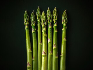 Fresh green asparagus bunch on a dark surface.