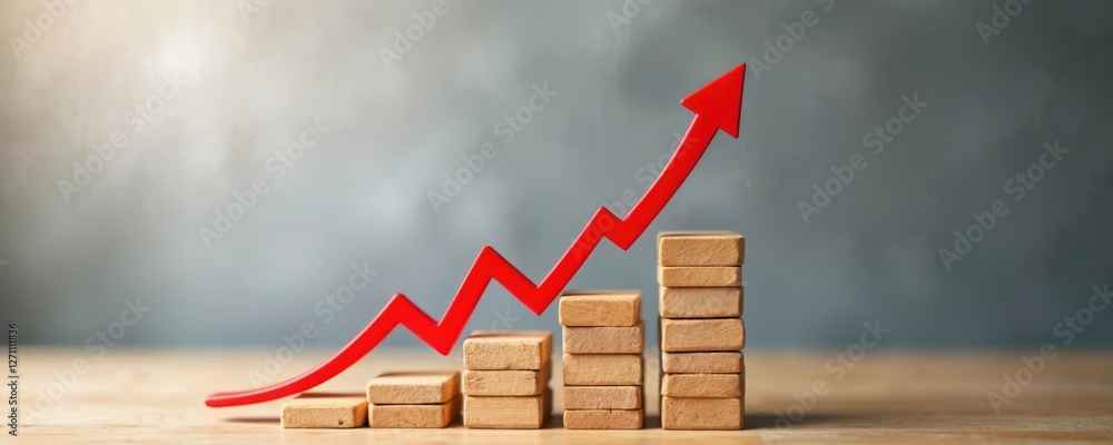 Poster red arrow showing growth increase on graph made of wooden blocks. finance data analysis shows sales 