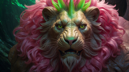 An artistic rendering of a lion, with pink and green hair. The creature has a fierce expression and bright green eyes.