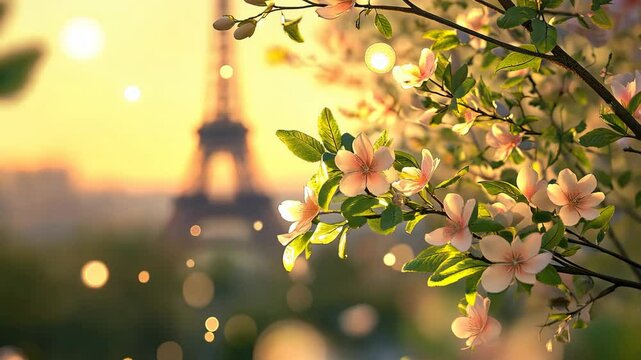 Eiffel Tower and Rose Flowers. Selective Focus. Nature.