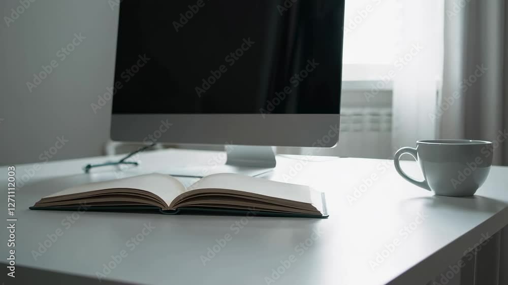 Aufkleber Office workspace showing a computer screen, an open notebook, and a coffee cup on a white desk, creating a productive and focused atmosphere