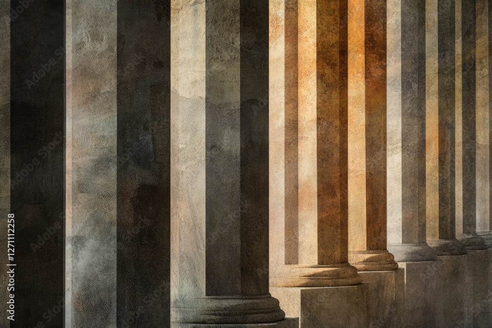 Poster sunlit stone columns stand in a row, showcasing classical architecture and warm tones.
