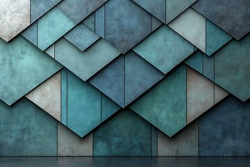 Abstract geometric wall design featuring layered teal and blue panels in a modern interior space