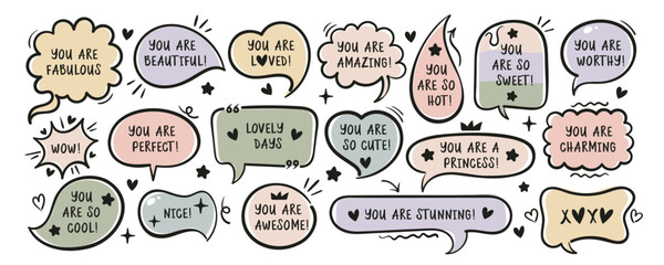 Collection of doodle speech bubbles with love quotes and compliments with black strokes. Vector for romantic Valentines day projects. Isolated on white background.