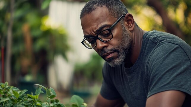 Myopia prevention with a man wearing glasses gardening in a backyard. Wellness, fitness, and eye protection