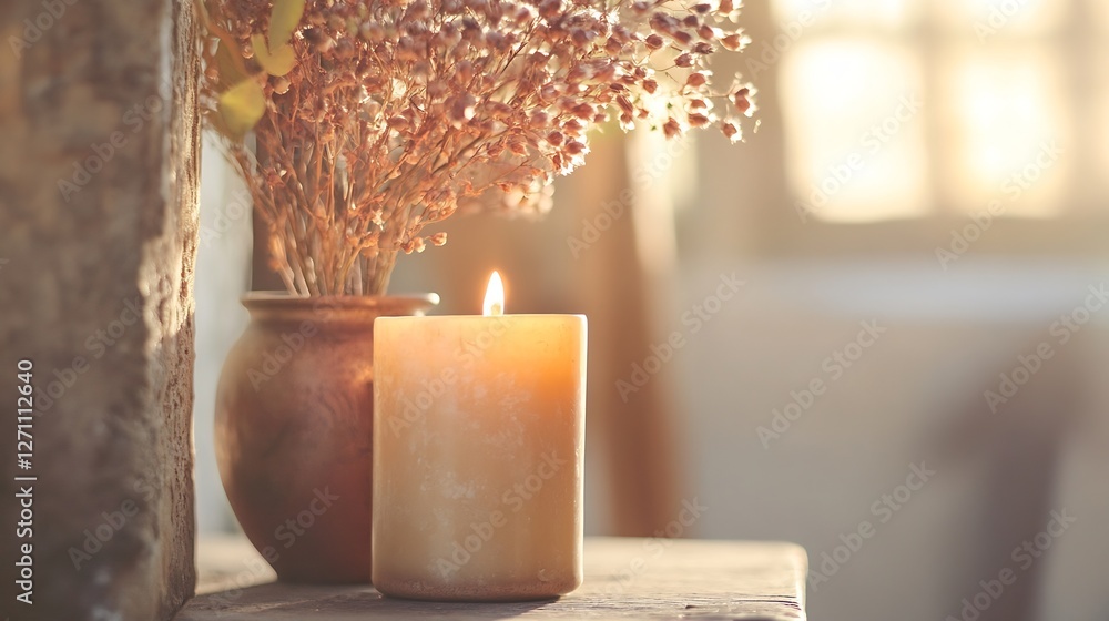 Poster warm candle light illuminating dried flowers in a cozy atmosphere creating calm vibes : generative a