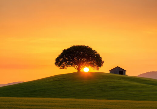 serene sunset behind solitary tree on green hill, with rustic barn nearby, creating peaceful landscape