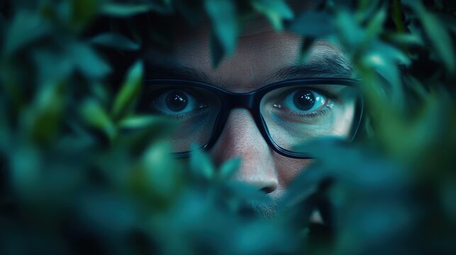 Myopia prevention with a man wearing glasses gardening in a backyard. Wellness, fitness, and eye protection