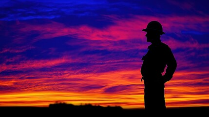 Fototapeta premium Engineer in hard hat stands against sunset, embodying resilience and progress in construction. 