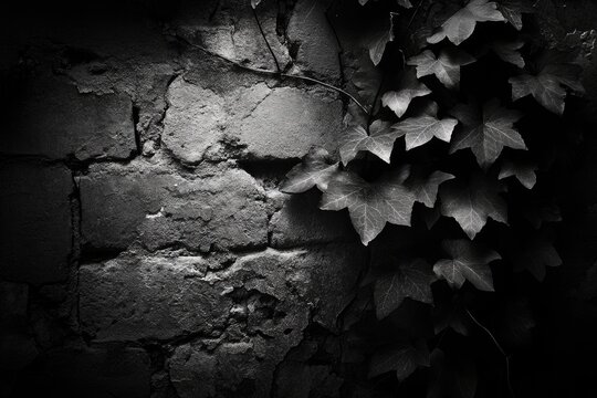 Ivy leaves climbing a weathered stone wall, creating a dramatic black and white image.