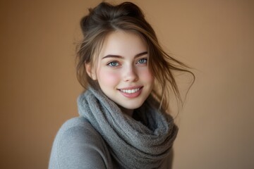 A woman wearing a scarf wrapped around her neck