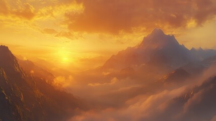 Fototapeta premium serene sunrise over a misty mountain range, with golden hues painting the sky.