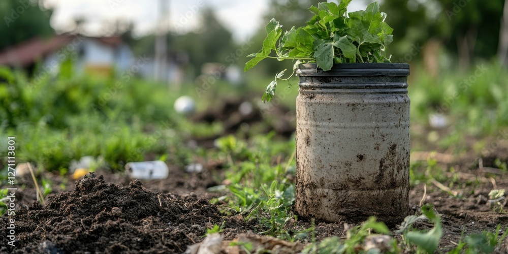 Poster balanced resource renewal through circular economy practices showing composting station in an urban 