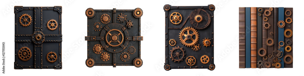 Poster detailed view of an array of intricately designed mechanical gears cogs and clockwork parts set agai