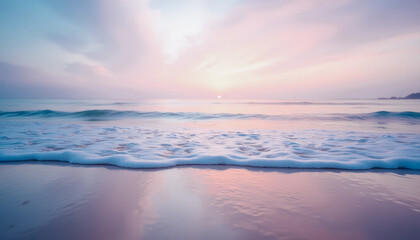 Obraz premium Gentle ocean waves roll onto the shore, bathed in the warm, soft light of sunrise, creating a dreamy seascape.