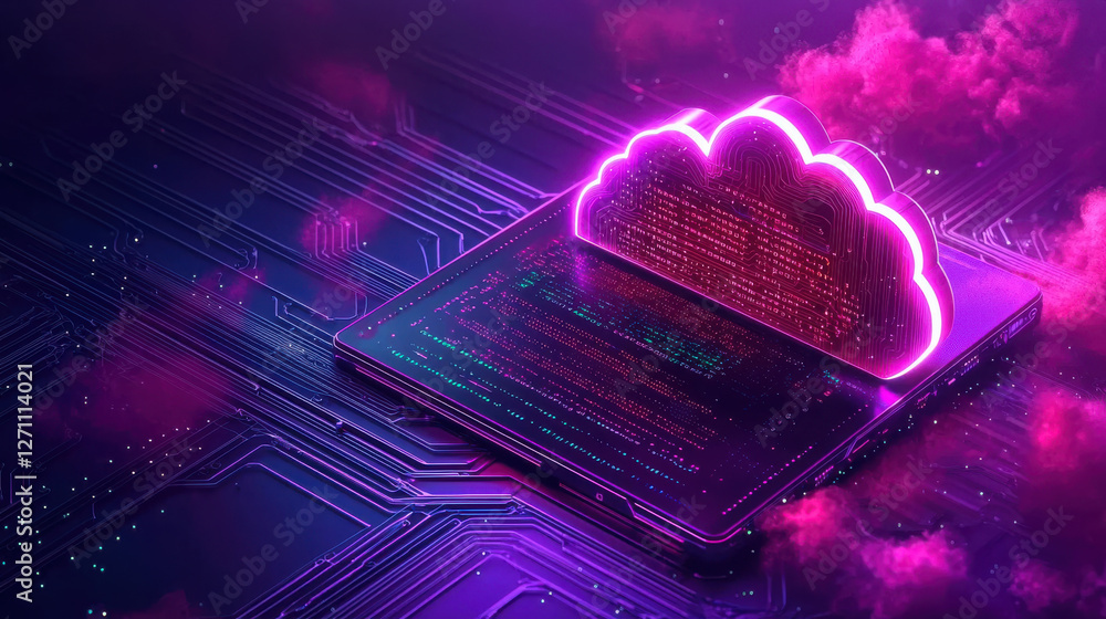 Poster data processing system, cloud computing concept with vibrant neon colors and data streams