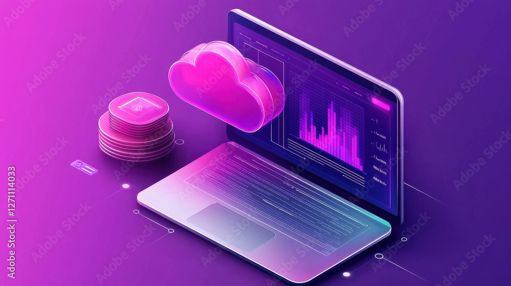 Poster data processing system, modern laptop displaying data analytics with cloud storage and digital curre