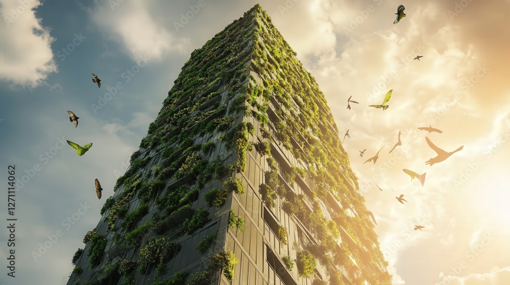 Poster skyscraper covered in algae bio-panels producing both oxygen and energy.