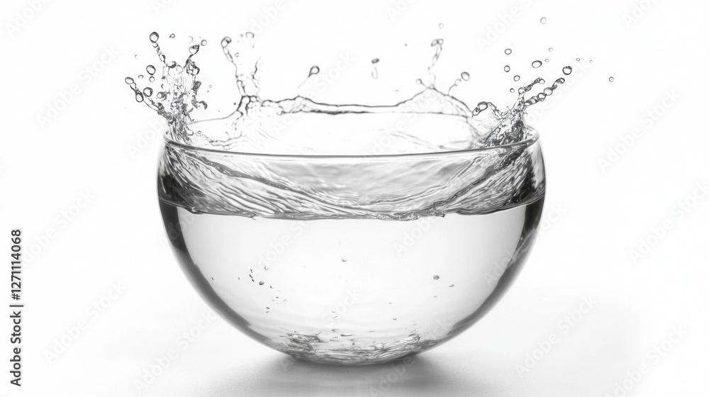 Poster Water flows dramatically from the edge of a clear hemisphere, creating a stunning display of splashes and droplets. The movement captures the essence of fluid dynamics and beauty