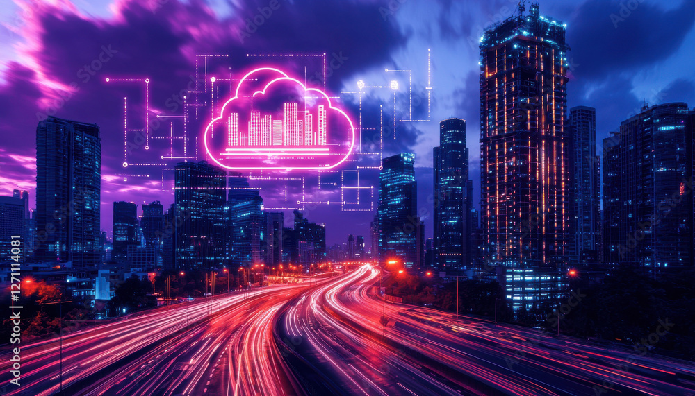 Poster data processing system, smart city data processing system with vibrant city skyline and traffic ligh