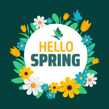 hello spring flower background banner or poster design template. observed every year in  March. Holiday concept. Use to any Template, card, poster, placard, template.