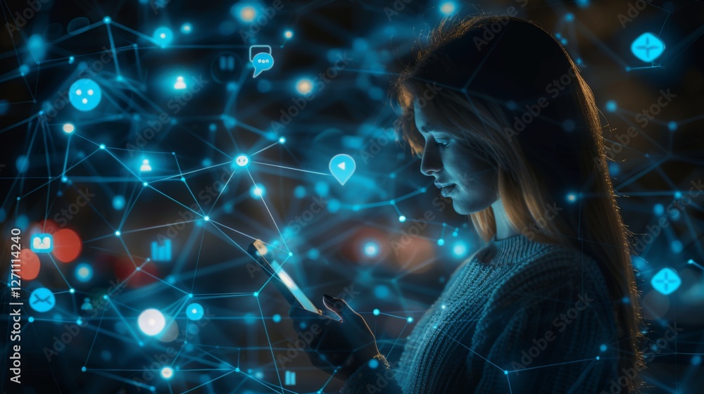 Poster A person is engaged with a smartphone in a dimly lit setting while illuminated digital symbols and connections surround them, illustrating virtual communication and technology's impact.