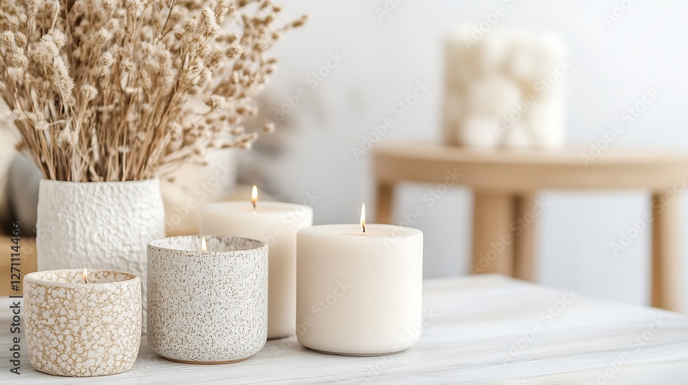 Poster serene home decor featuring elegant candles and dried flowers on a modern table setting : generative