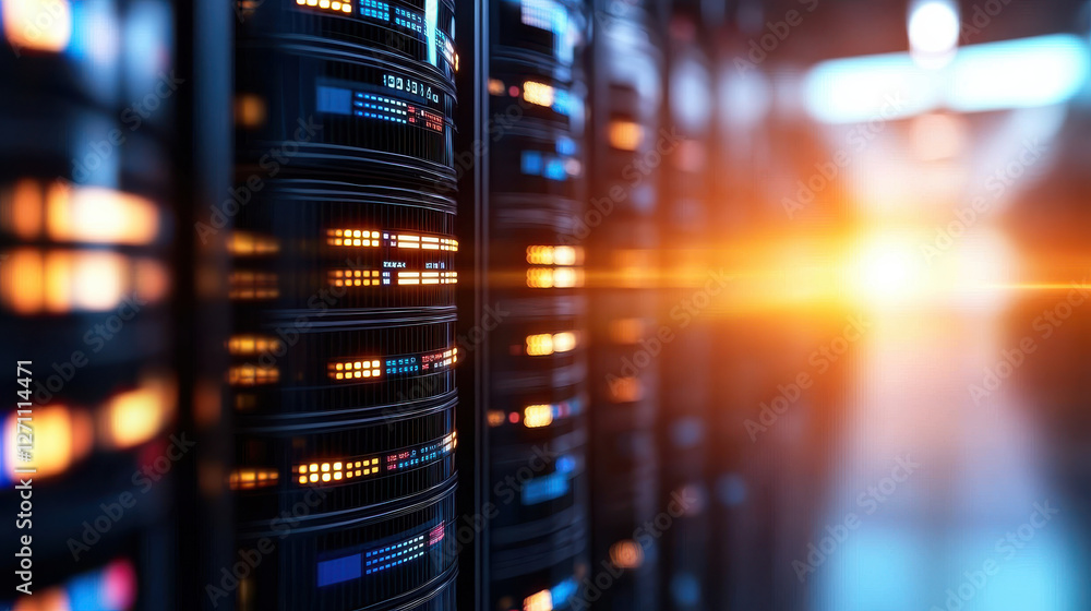 Poster data processing system, high tech data center with illuminated server racks and glowing lights