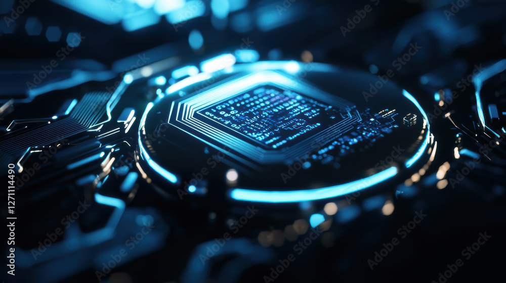 Poster data processing system, high tech circuit board with glowing microchip and intricate design