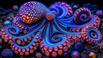 A vibrant octopus with luminous skin and intricate tentacles, surrounded by colorful orbs in a deep sea setting