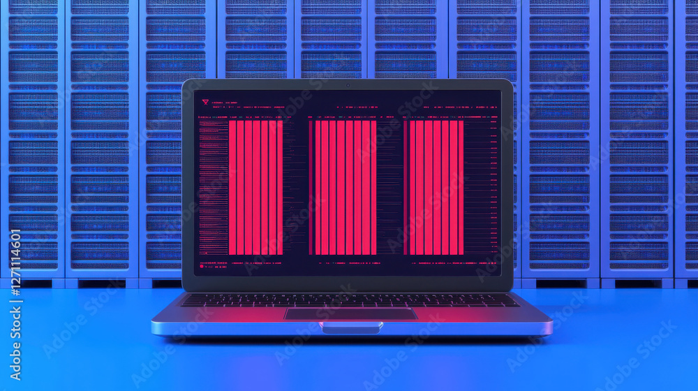 Poster data processing system, futuristic laptop displaying data on vibrant background with blue and red to