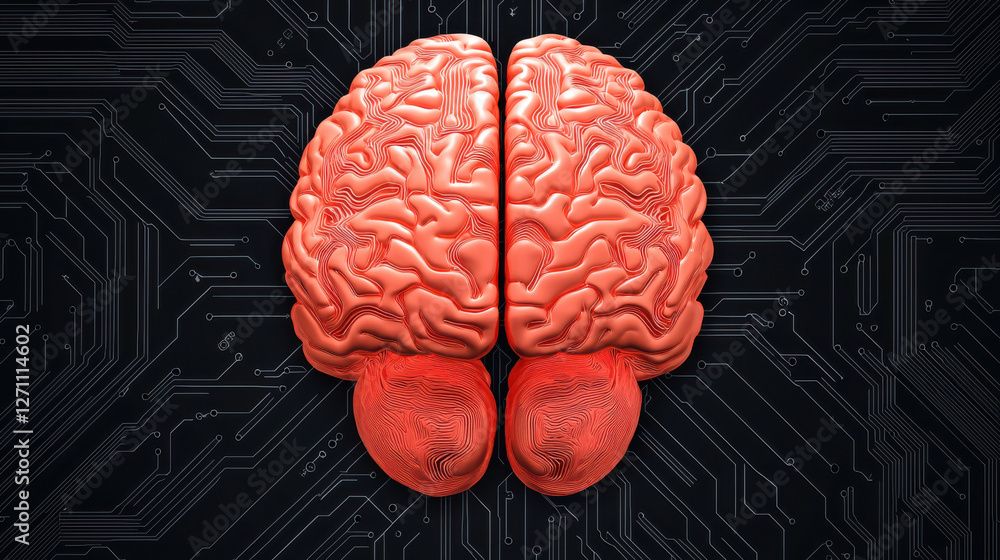 Poster data processing system, futuristic brain design with neural network patterns on dark background