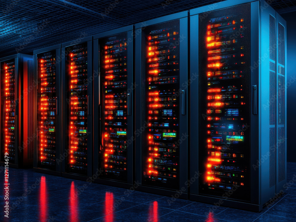 Poster data processing system, high tech data processing center with illuminated server racks