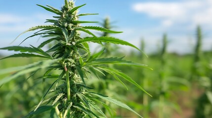 Obraz premium Closeup of healthy cannabis plant growing in lush field under expansive sky : Generative AI