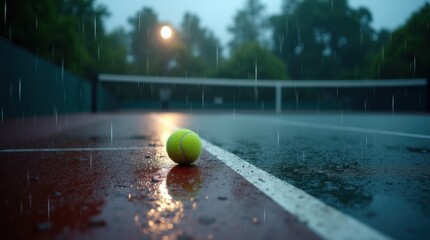 A lonely tennis ball sits on a wet court, surrounded by rain, under a moody gray sky, capturing the essence of a rainy day.